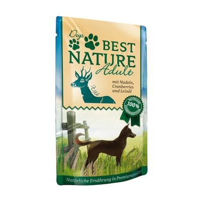 Sac Dogs Best Nature Adult, texte allemand : mit Nudeln, Cranberries und leinöl, 100 %, Natürliche Ernährung in Premiumqualität. Illustration de chien et cerf.